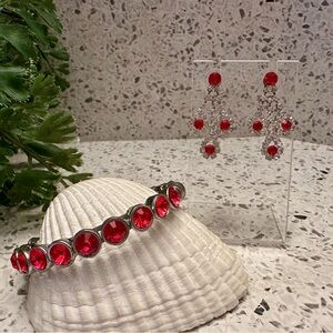 Red gem and rhinestone bracelet and earring set